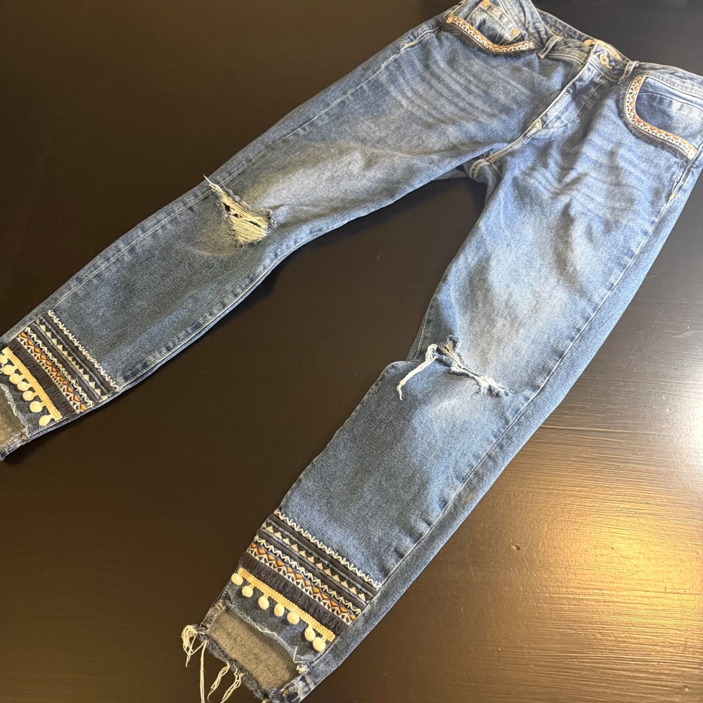 Mavi Jeans Co Tess Boho Distressed Embroidered Pom Pom‎ Hem Skinny Jeans 29x27